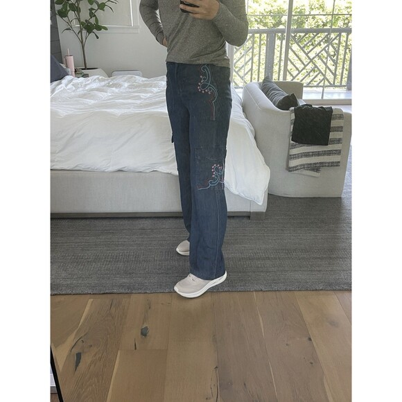 Johnny Was Workshop Embroidered Wide Leg High Elastic Waist Pants Denim Blue XS - Picture 11 of 11